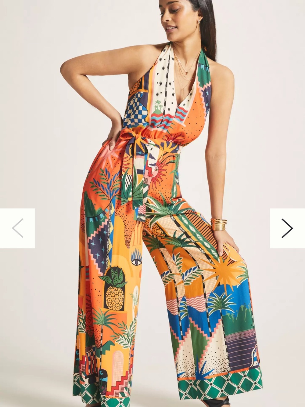 FARM Rio Women’s Tropical Jumpsuit Multicolor Sleeveless Halter Wide-Leg L